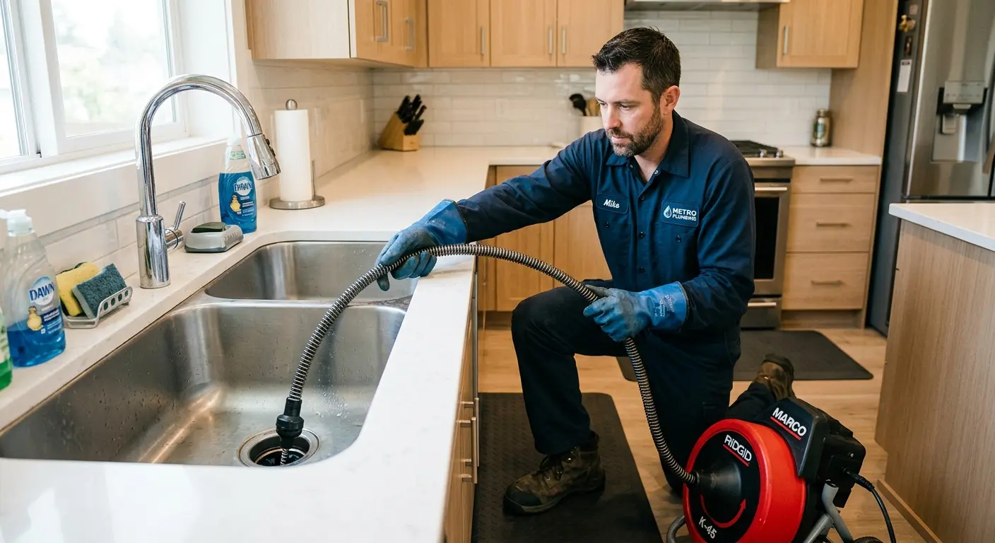 Drain cleaning technician using a motorized snake on a kitchen sink in Moyock