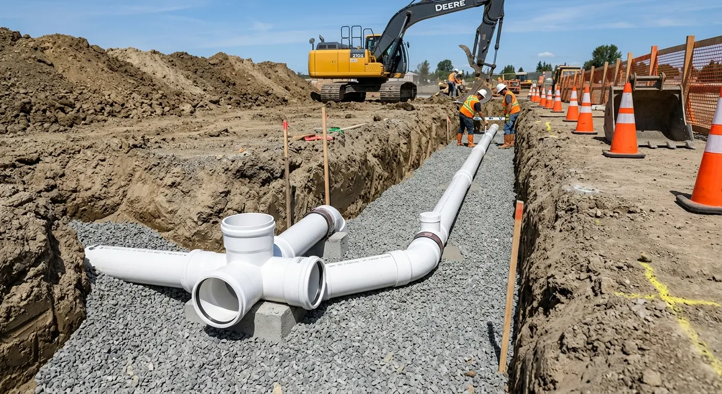 New PVC sewer pipe installation in open trench for Grease Trap Cleaning in Moyock