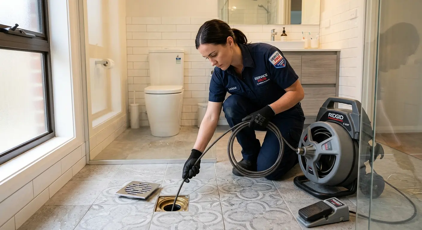 Technician clearing a bathroom floor drain for Sewer Line Installation in Moyock